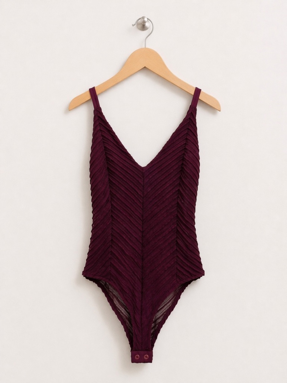 Bershka Burgundy Sheer Ruched Bodysuit V-Neck Sexy Going Out Stretch Fitted S